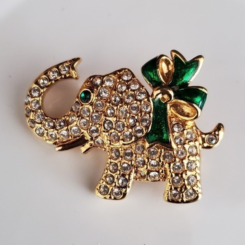 Monet Gold Tone Rhinestone Elephant Brooch with Green Enamel Bow Pin Whimsical